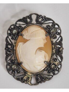 Vintage Cameo Brooch Pendant w/ Marcasite – Hand Carved Lady Profile